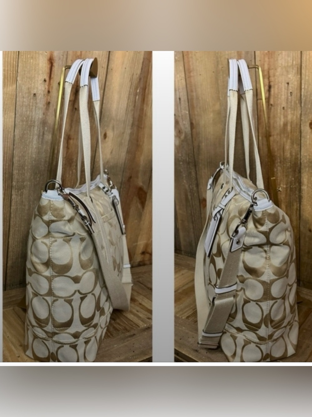 Coach Beige and White Signature Canvas Shoulder Bag with Adjustable Strap